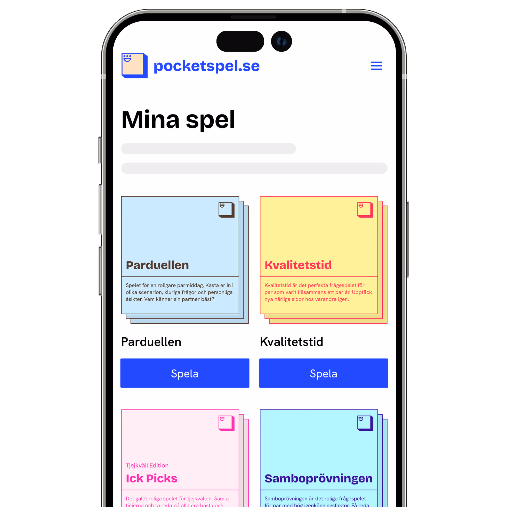 Pocketspel app översikt som visar olika spel